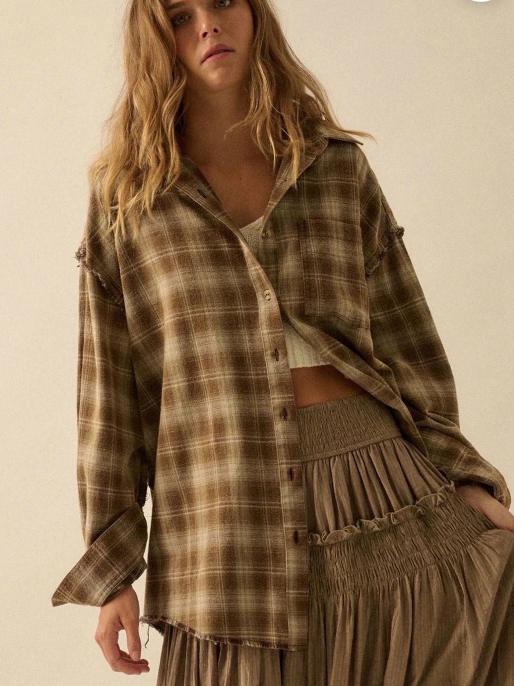Carly Jean Los Angeles Oversized Flannel Raw Edge Plaid Shirt Medium